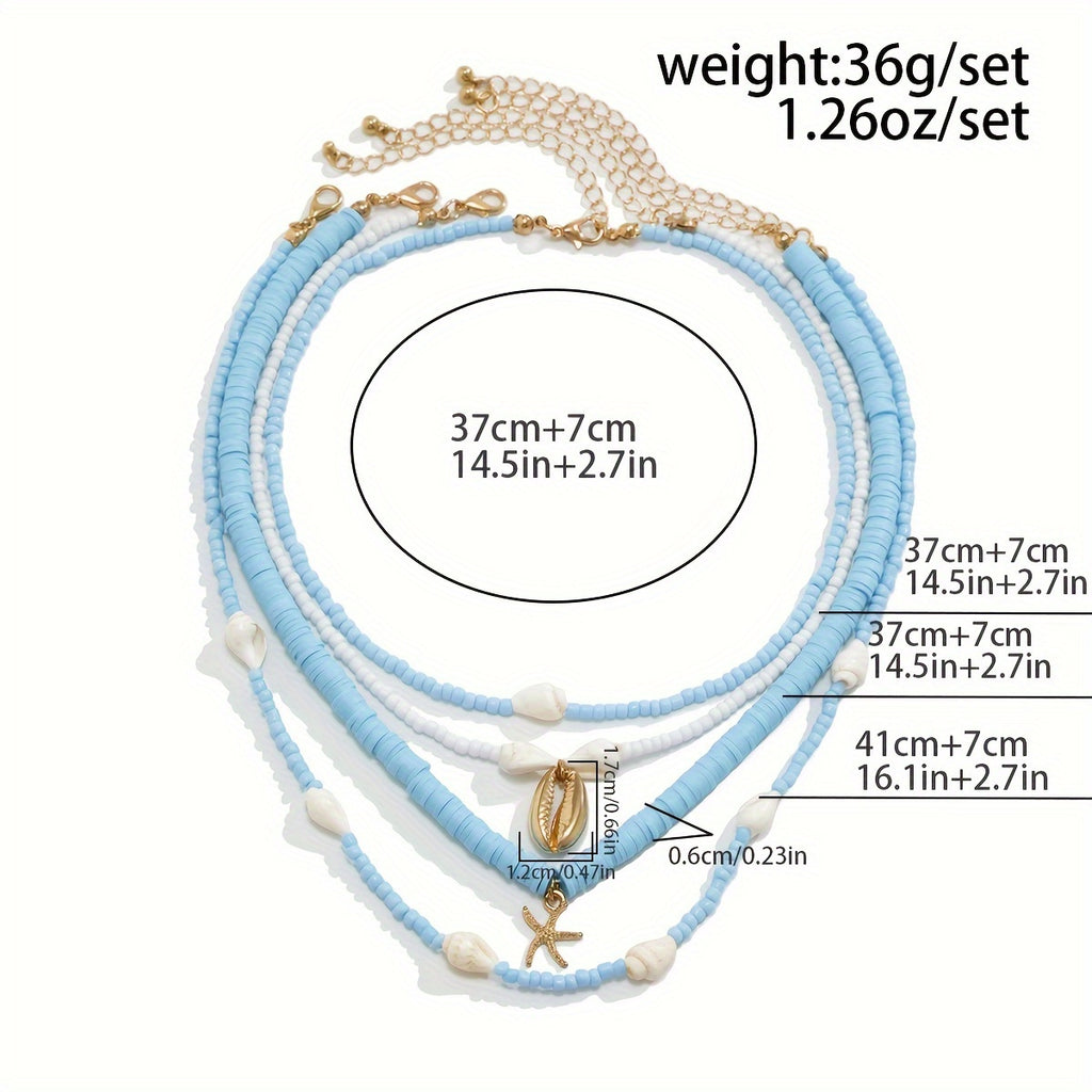Beachy Blue Layered Necklace with Seashells & Starfish