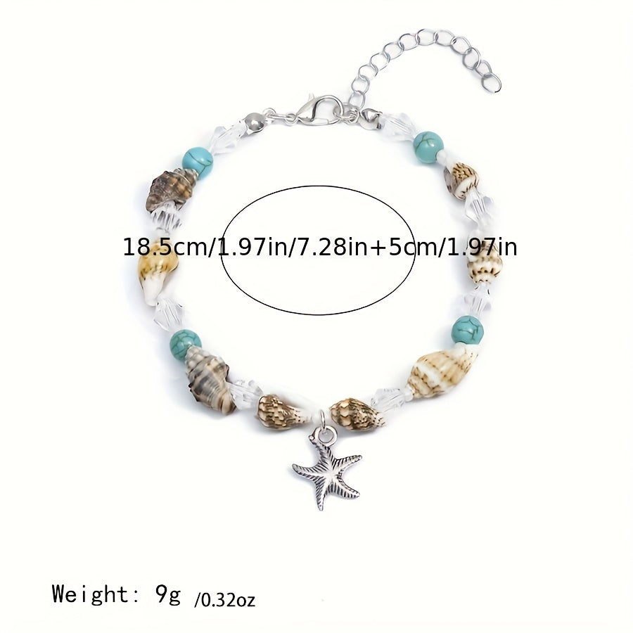 Coastal Shell & Turquoise Beaded Bracelet with Starfish Charm