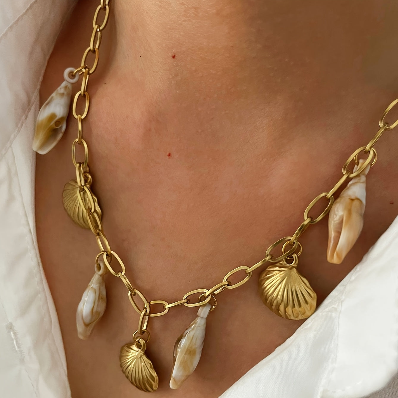 Bohemian Gold Chain Necklace with Shell Charms