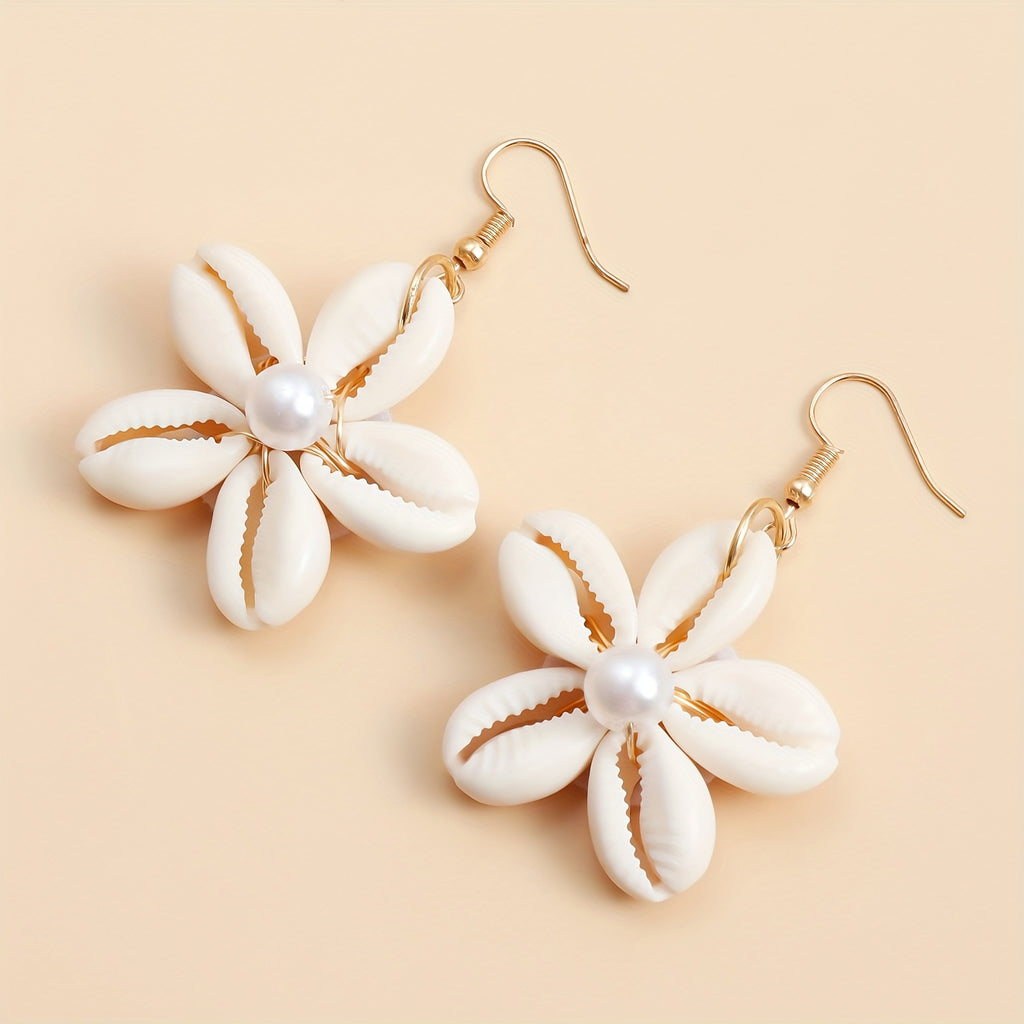 Bohemian Shell Flower Drop Earrings with Pearl