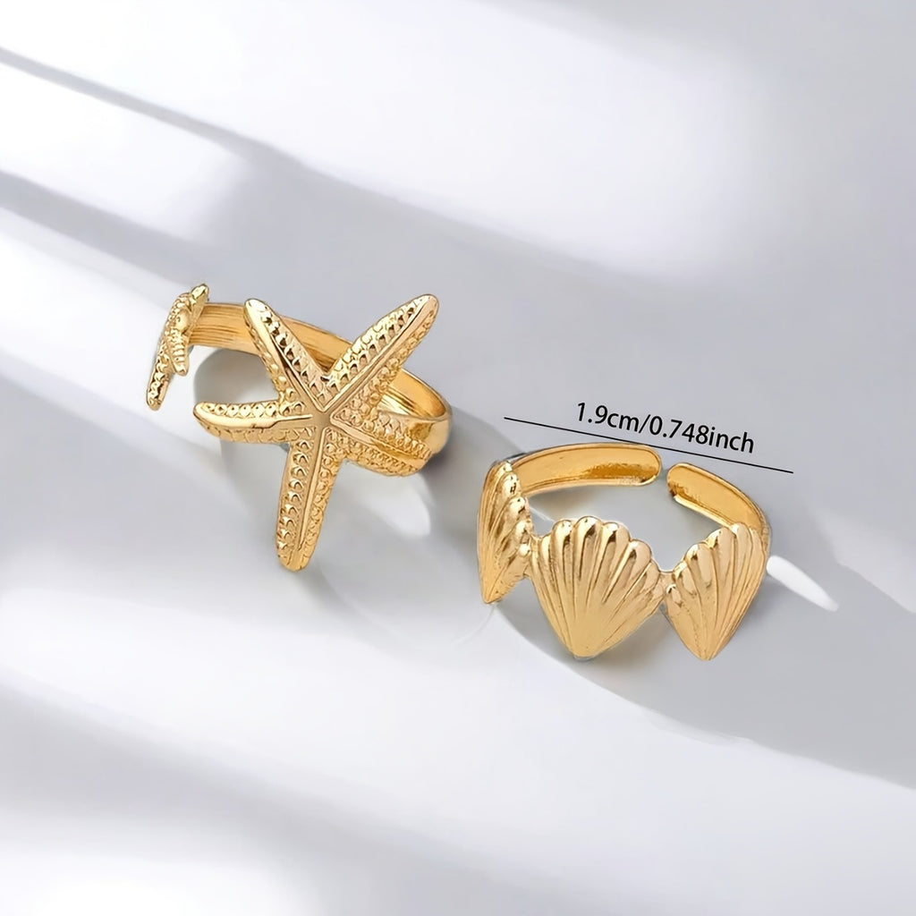 Adjustable Gold Tone Starfish & Shell Rings