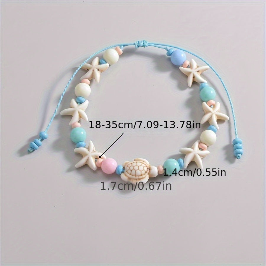 Beachy Starfish Turtle Anklet with Pastel Beads