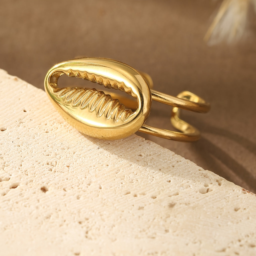 Adjustable Gold Cowrie Shell Ring in Stainless Steel
