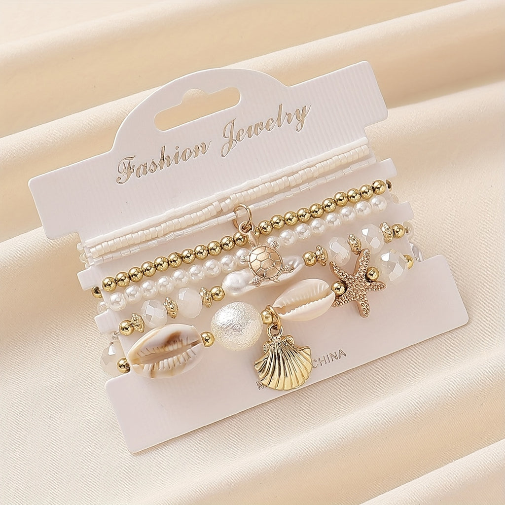 Boho White Pearl & Gold Sea Charm Stacked Bracelets