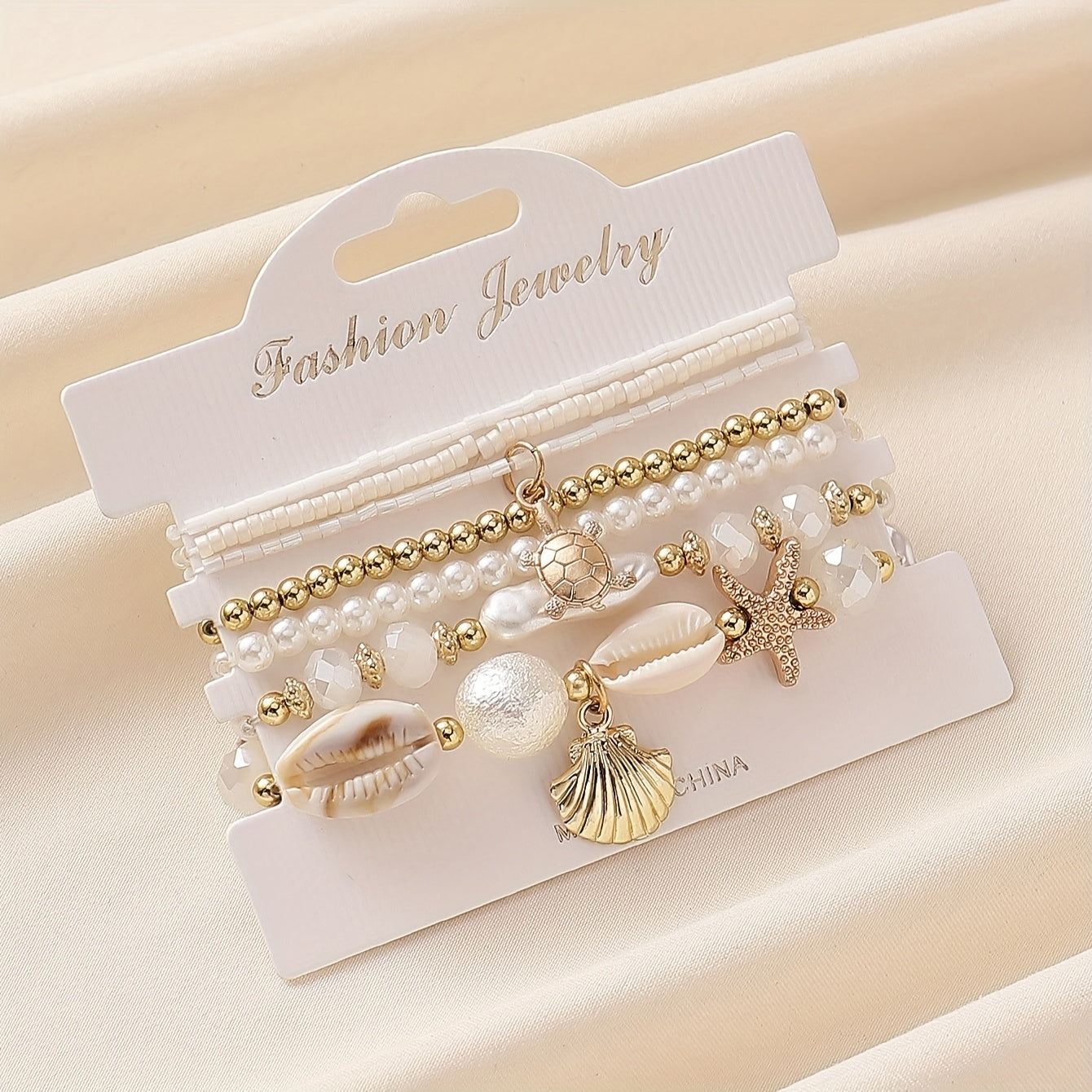 Boho White Pearl & Gold Sea Charm Stacked Bracelets