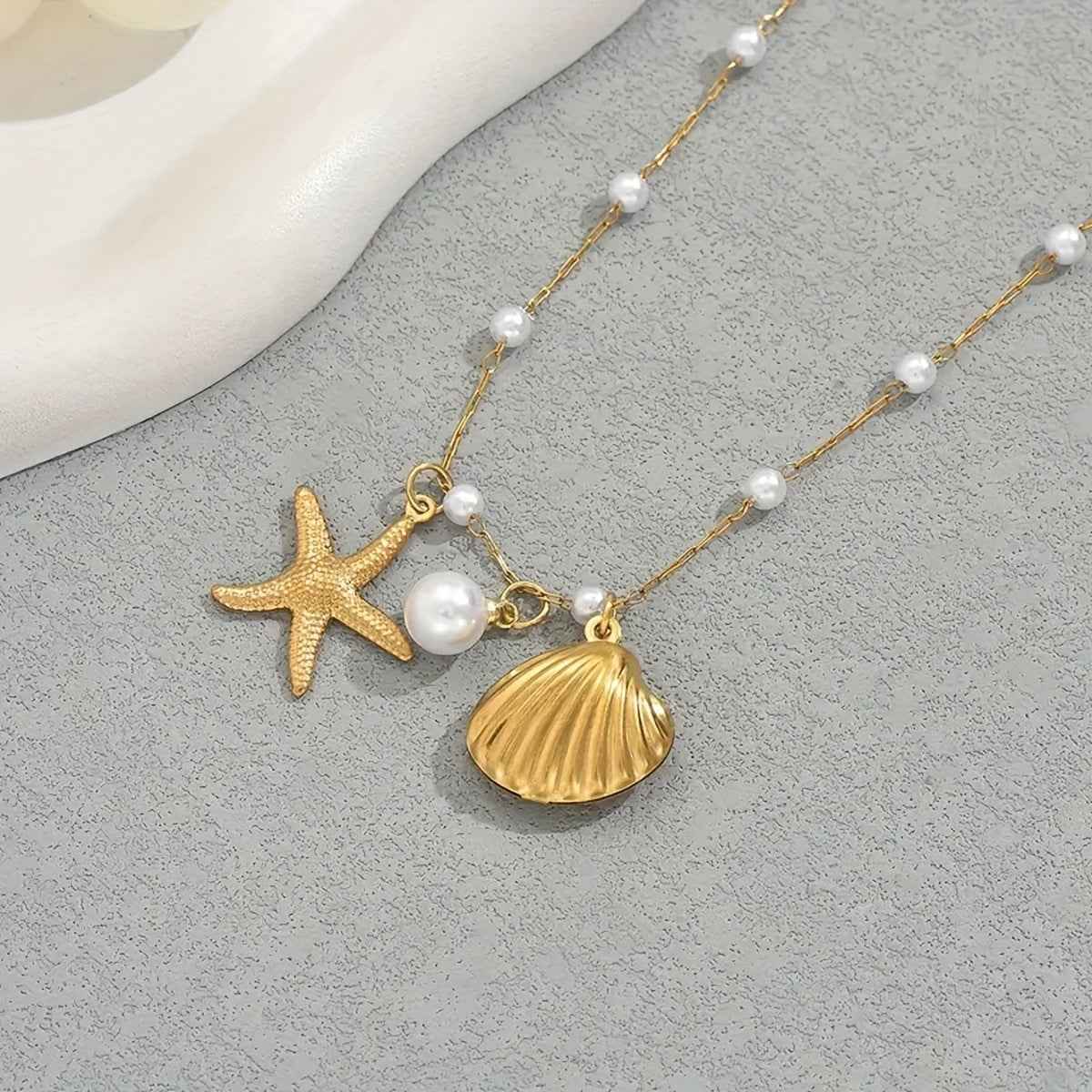 Bohemian Gold Charm Necklace with Starfish & Pearls