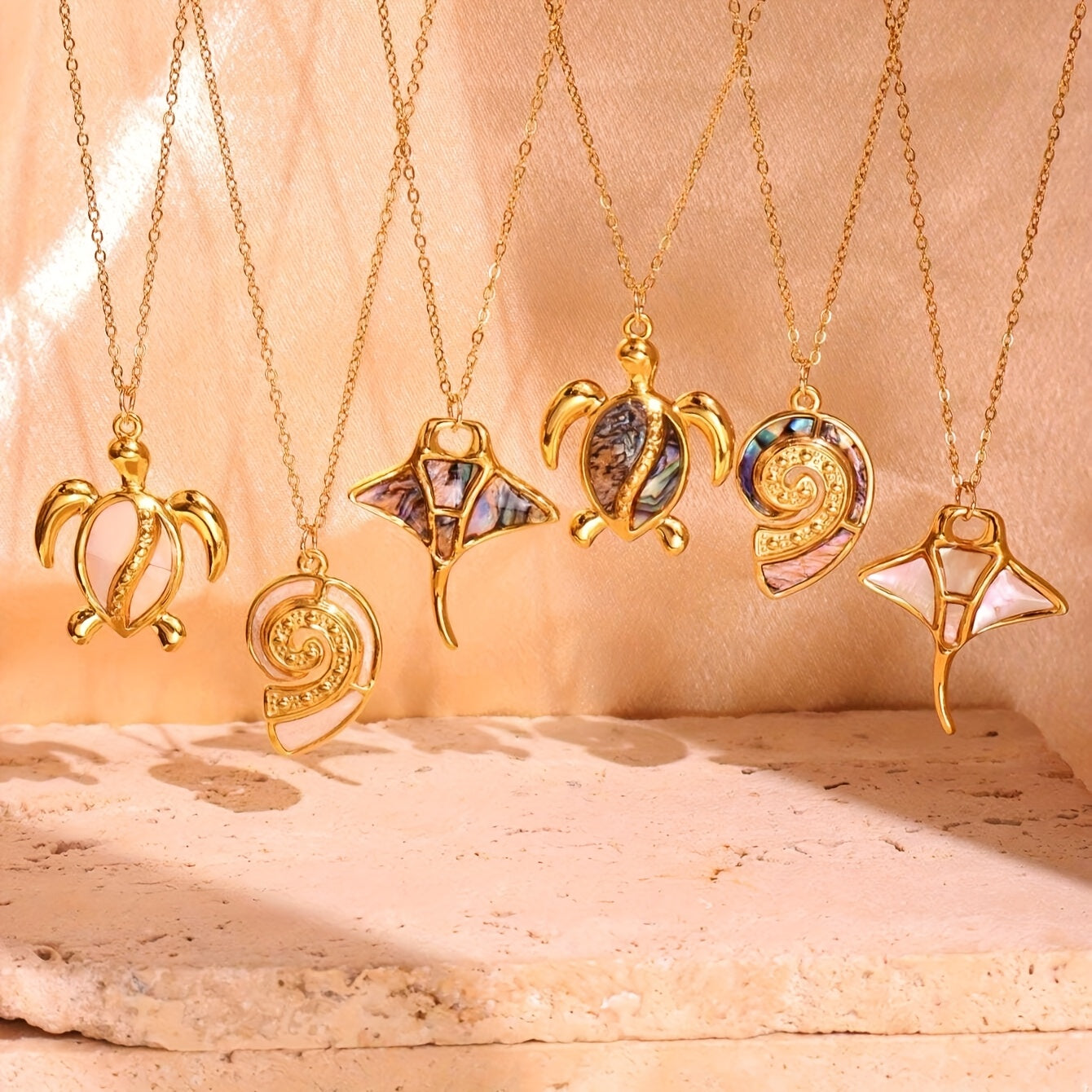 Gold Sea Life Pendant Necklaces with Shell Inlays