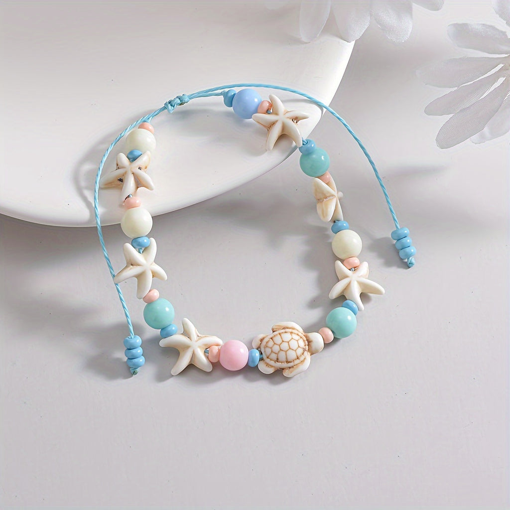 Beach Anklet with Pastel Turtle and Starfish Charms