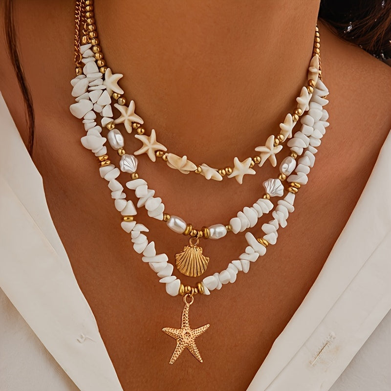 Layered White Shell & Gold Starfish Necklace