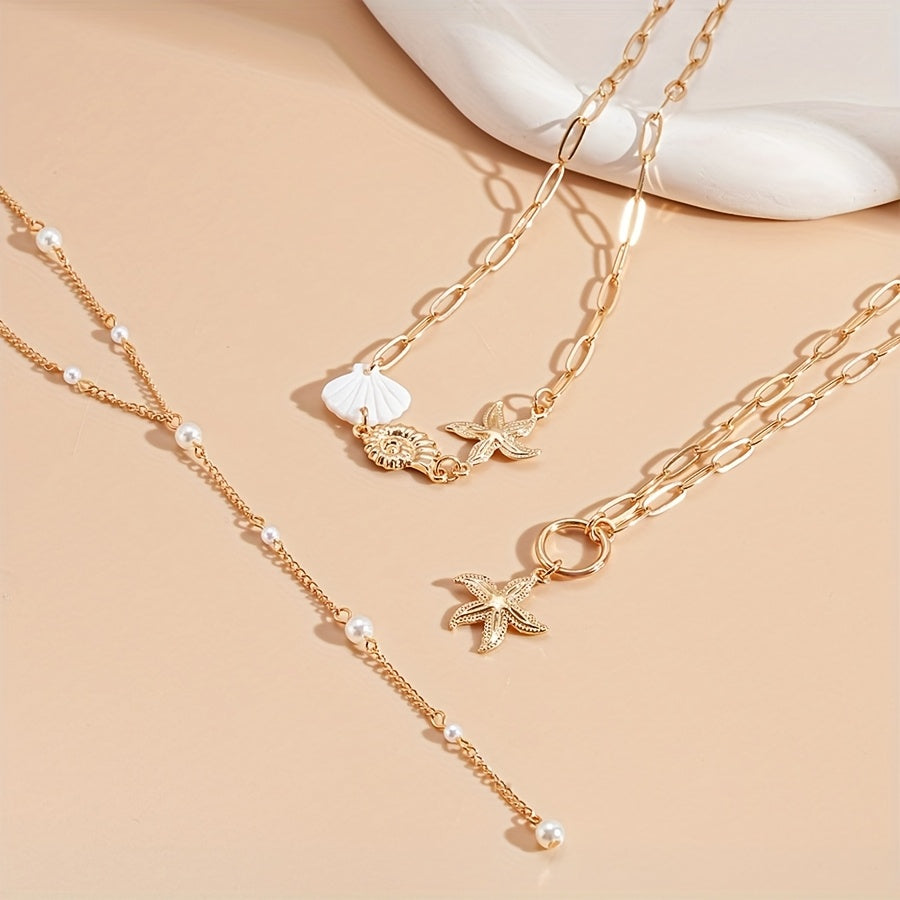 Bohemian Gold Layered Starfish & Pearl Necklace