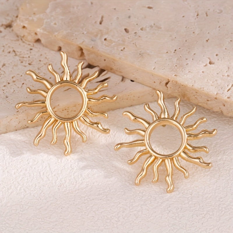 Bohemian Gold-Tone Sunburst Earrings with Wavy Rays