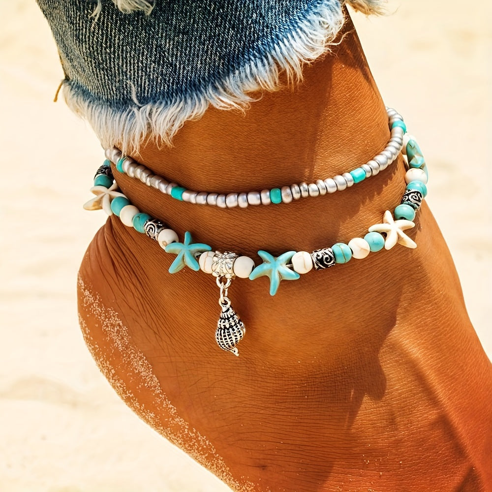 Bohemian Turquoise Starfish Shell Anklet