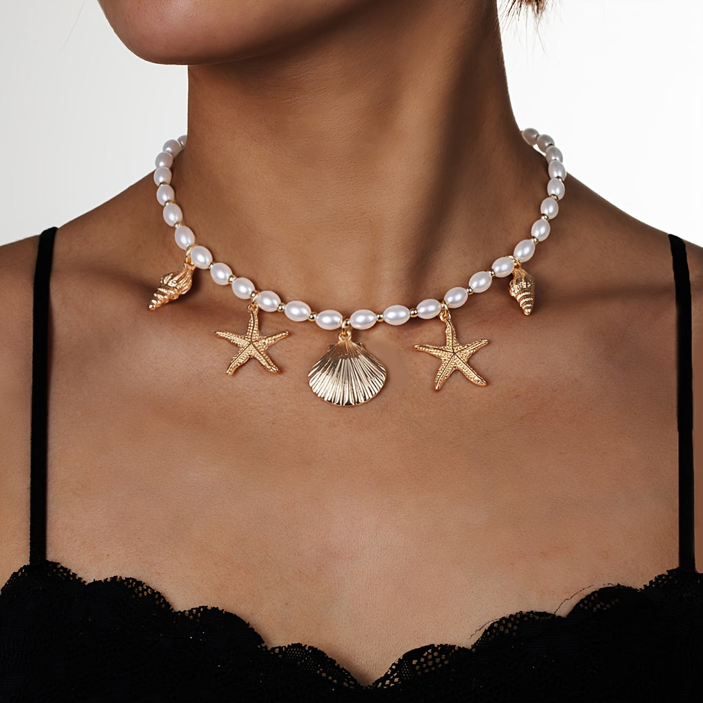 Beachy Faux Pearl Choker with Gold Sea Charms