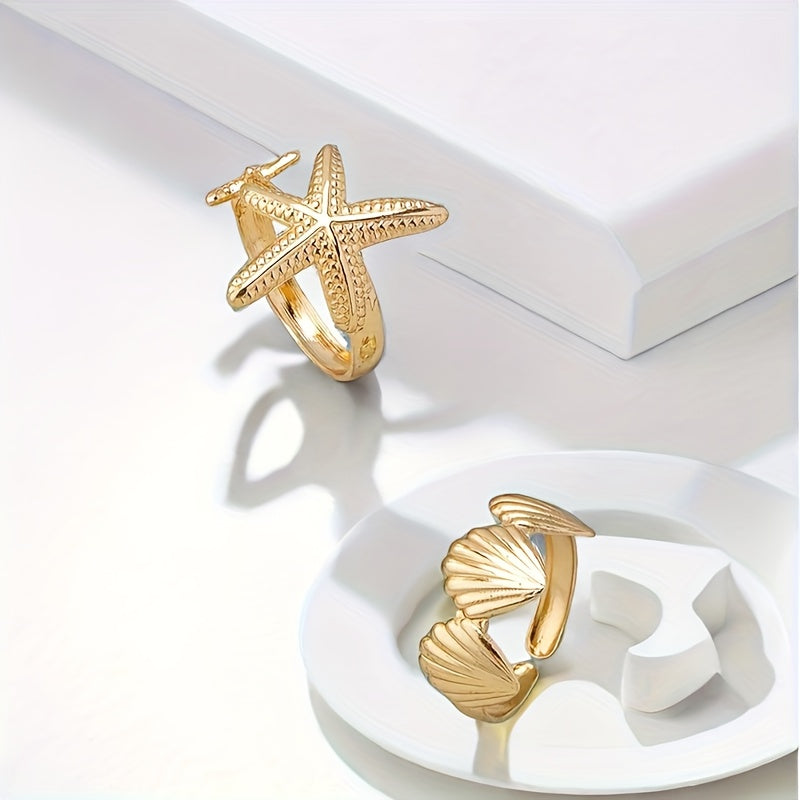 Gold-Tone Starfish & Seashell Ring Set