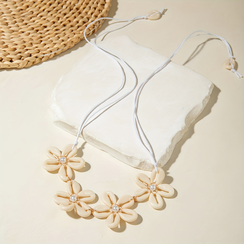 Bohemian Cowrie Shell Flower Choker with Pearls