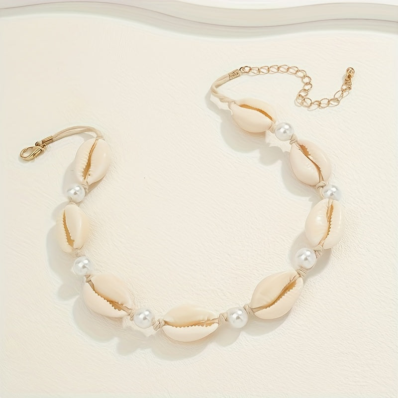 Boho Cowrie Shell and Pearl Choker Necklace