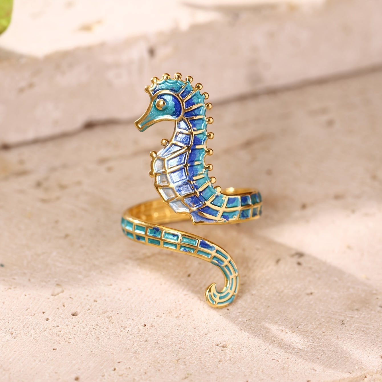 Gold-Tone Seahorse Wrap Ring with Blue Enamel
