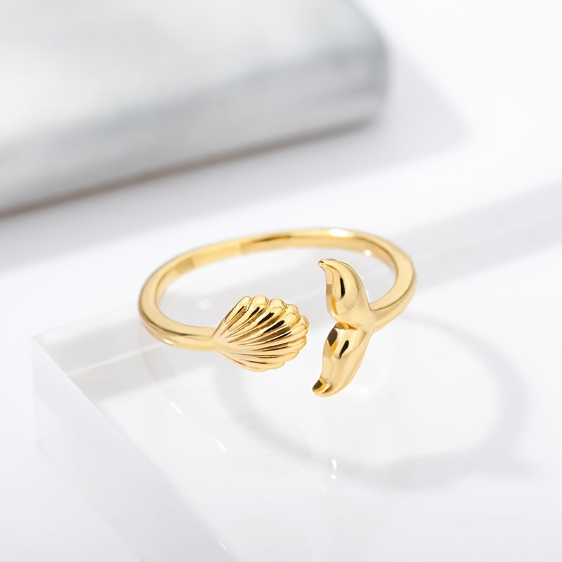 Gold Tone Whale Tail and Scallop Open Ring
