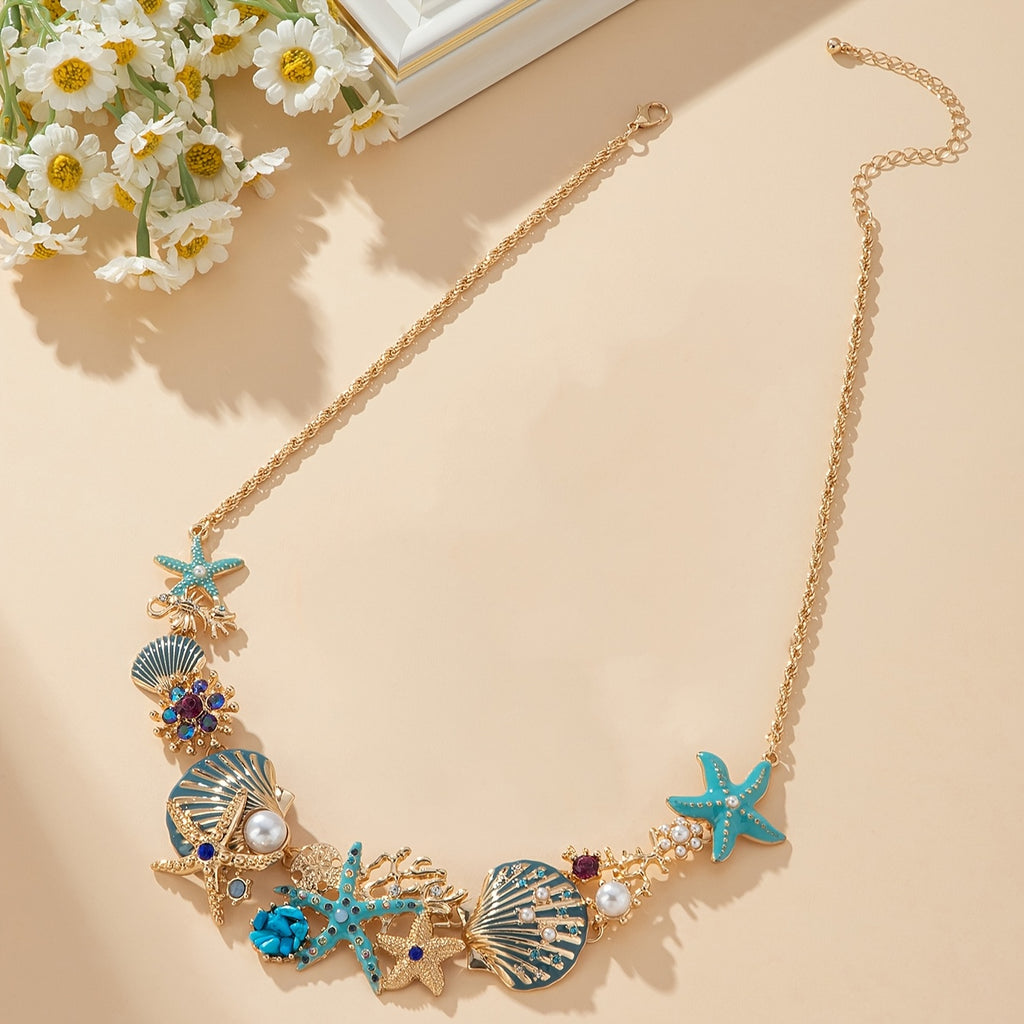Ocean Necklace with Blue Seashell & Starfish Charms