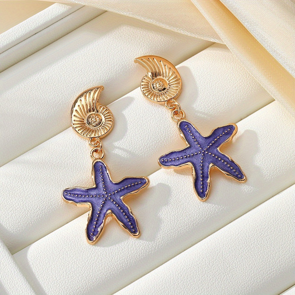 Gold-Tone Shell with Blue Starfish Drop Earrings