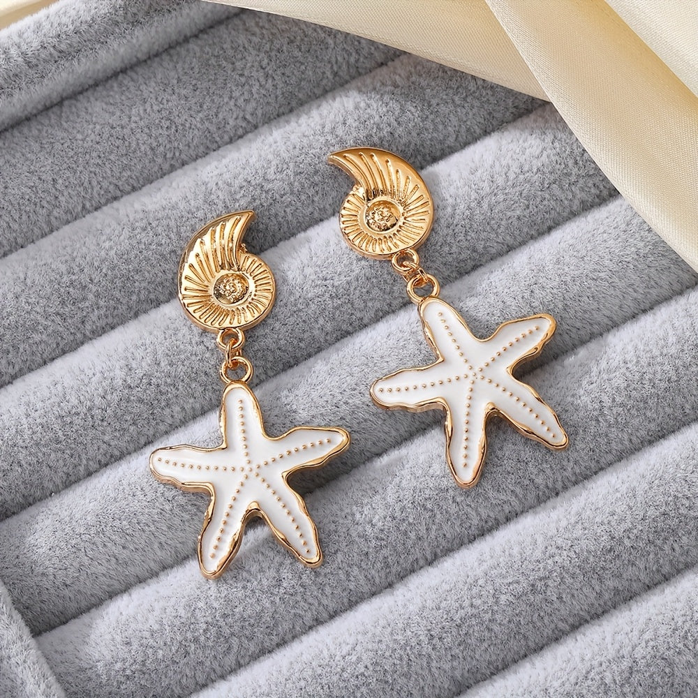 Gold-Tone Shell with Blue Starfish Drop Earrings