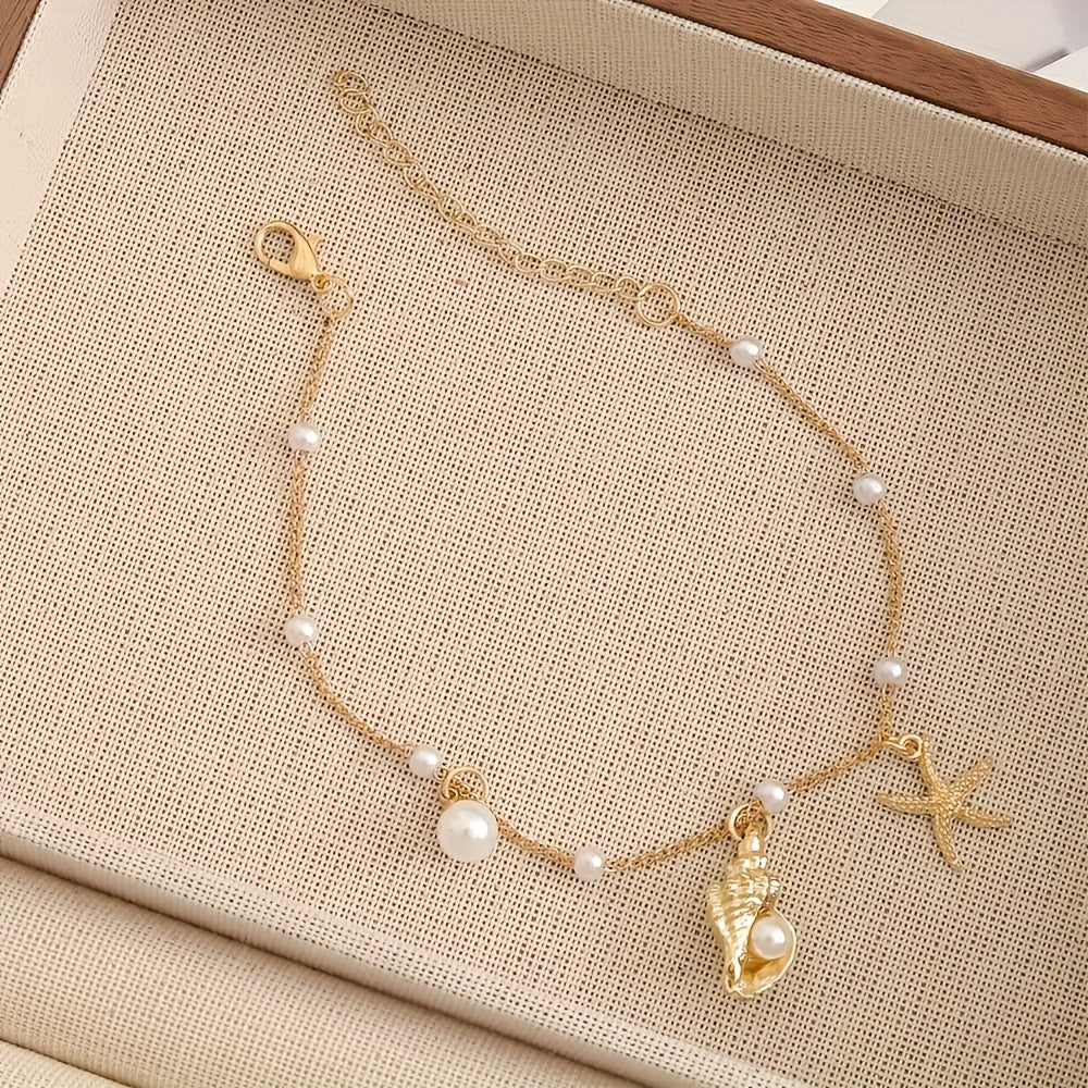 Beachy Gold Tone Anklet with Starfish & Pearl Charms