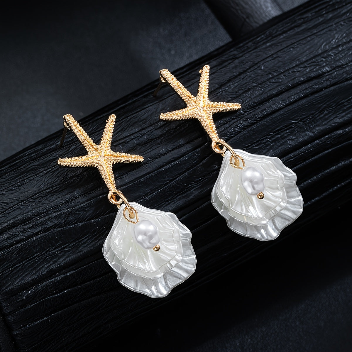 Gold Starfish Drop Earrings with Iridescent Seashell