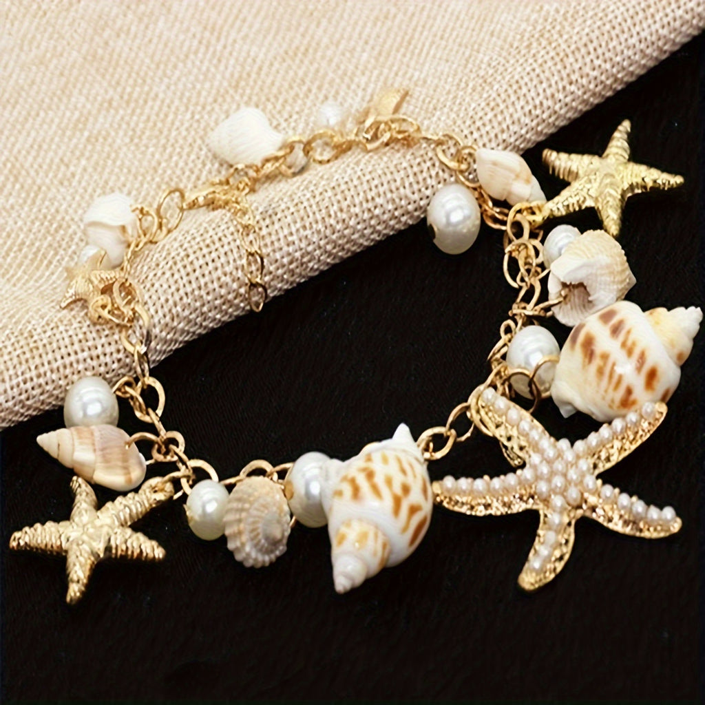 Gold-Tone Seashell, Starfish & Pearl Charm Bracelet