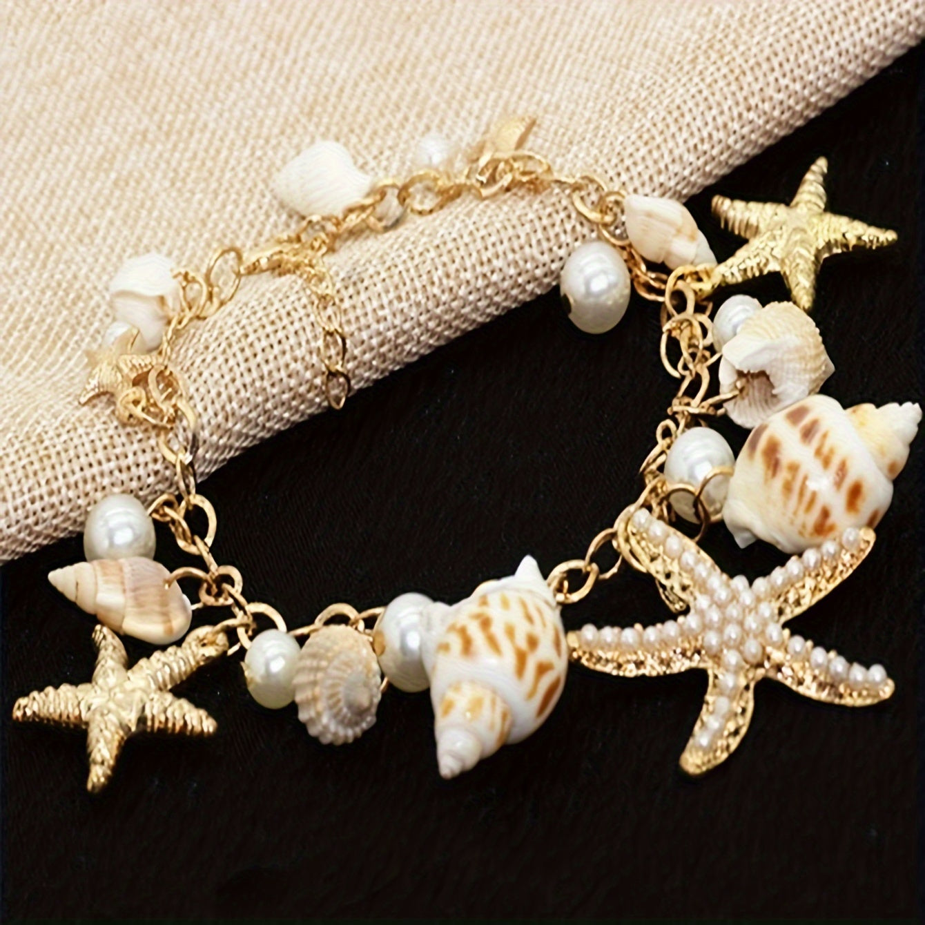 Gold-Tone Seashell, Starfish & Pearl Charm Bracelet