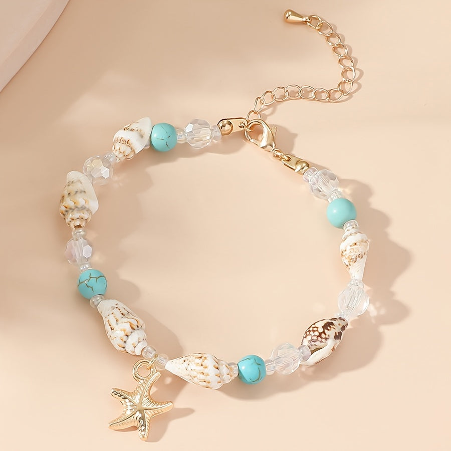 Coastal Shell & Turquoise Beaded Bracelet with Starfish Charm