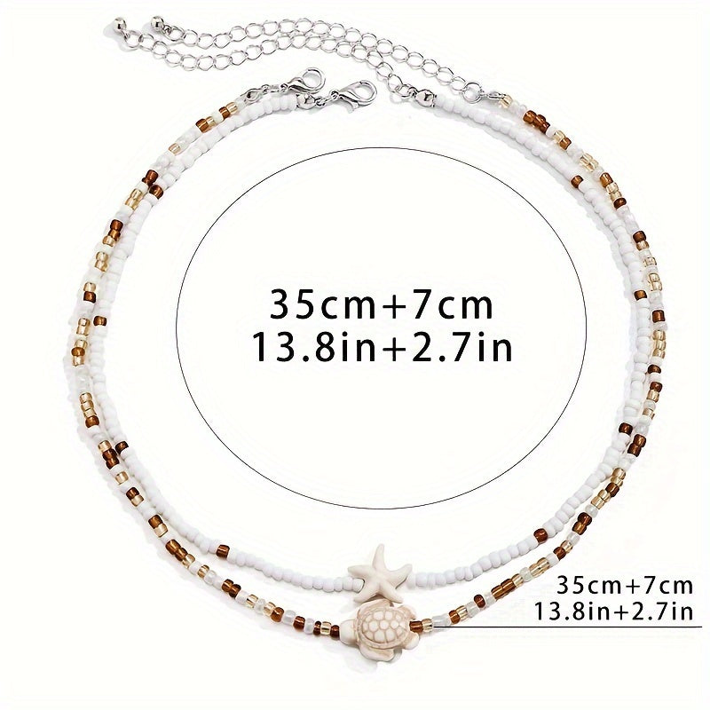 Layered White Seed Bead Necklace with Turtle Starfish