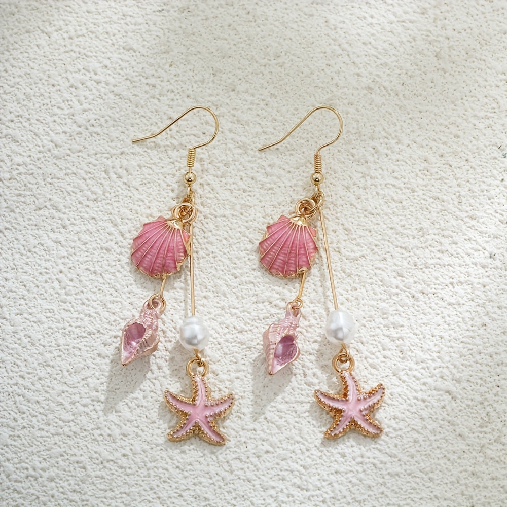 Gold-Tone Enamel Shell Starfish Pearl Drop Earrings