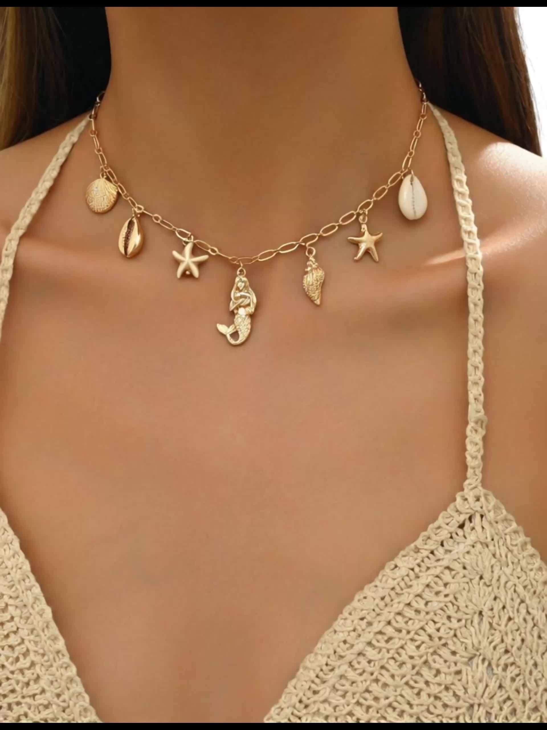 Bohemian Gold Tone Shell & Mermaid Necklace