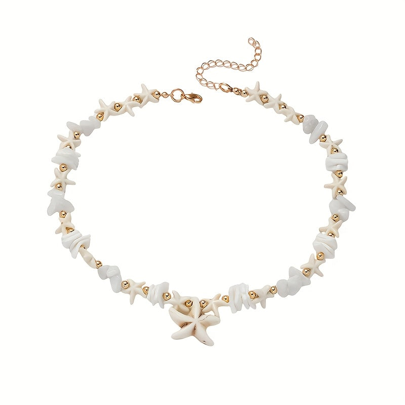 Beachy White Shell Starfish Necklace with Gold Beads