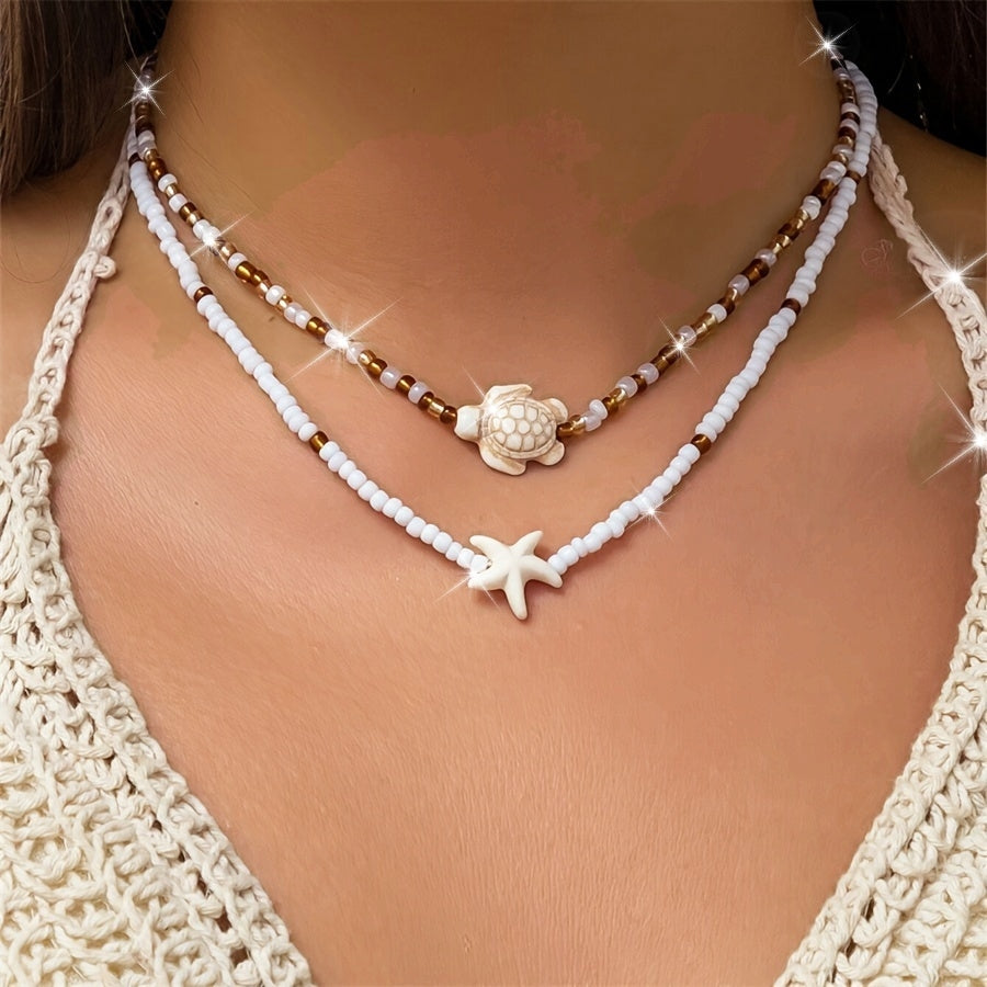 Beachy Layered Beaded Necklace with Turtle & Starfish