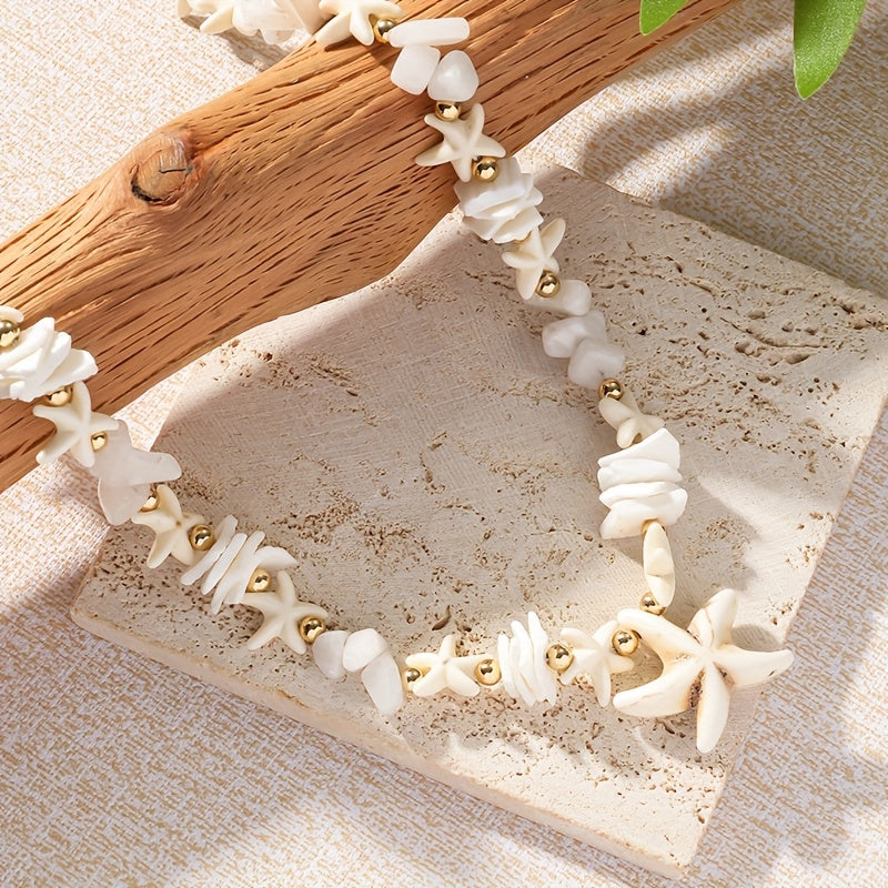 Beachy White Shell Starfish Necklace with Gold Beads