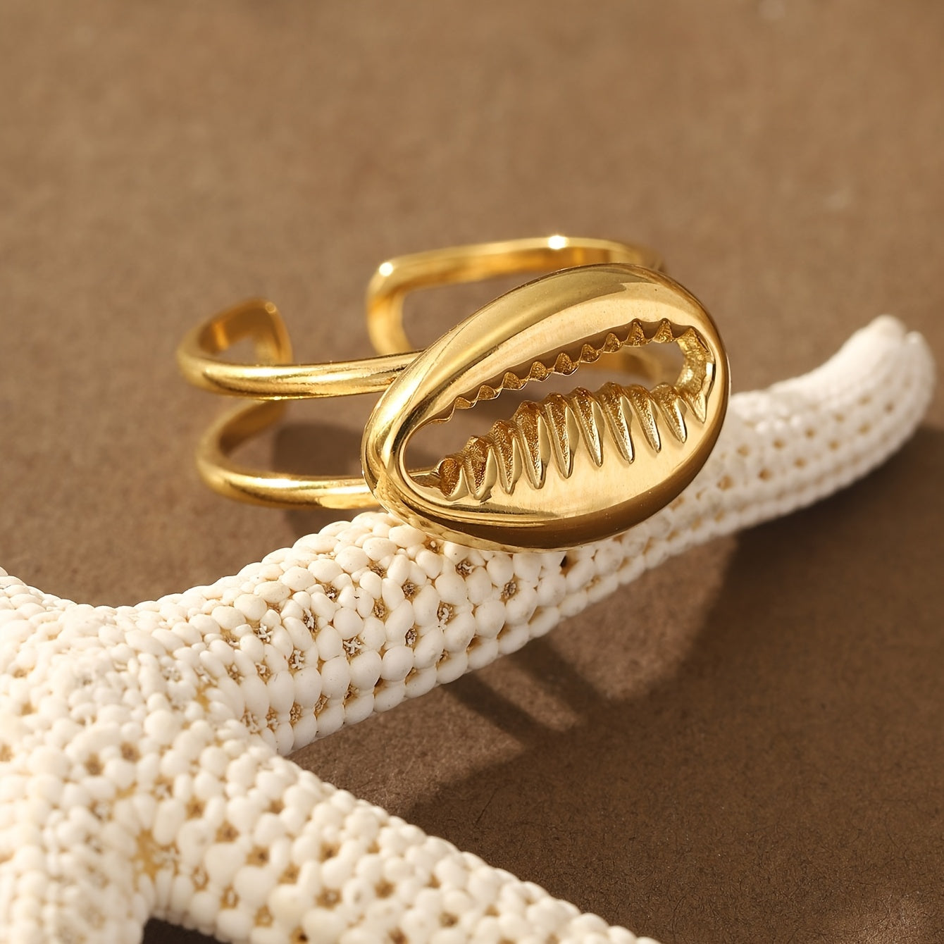 Adjustable Gold Cowrie Shell Ring in Stainless Steel