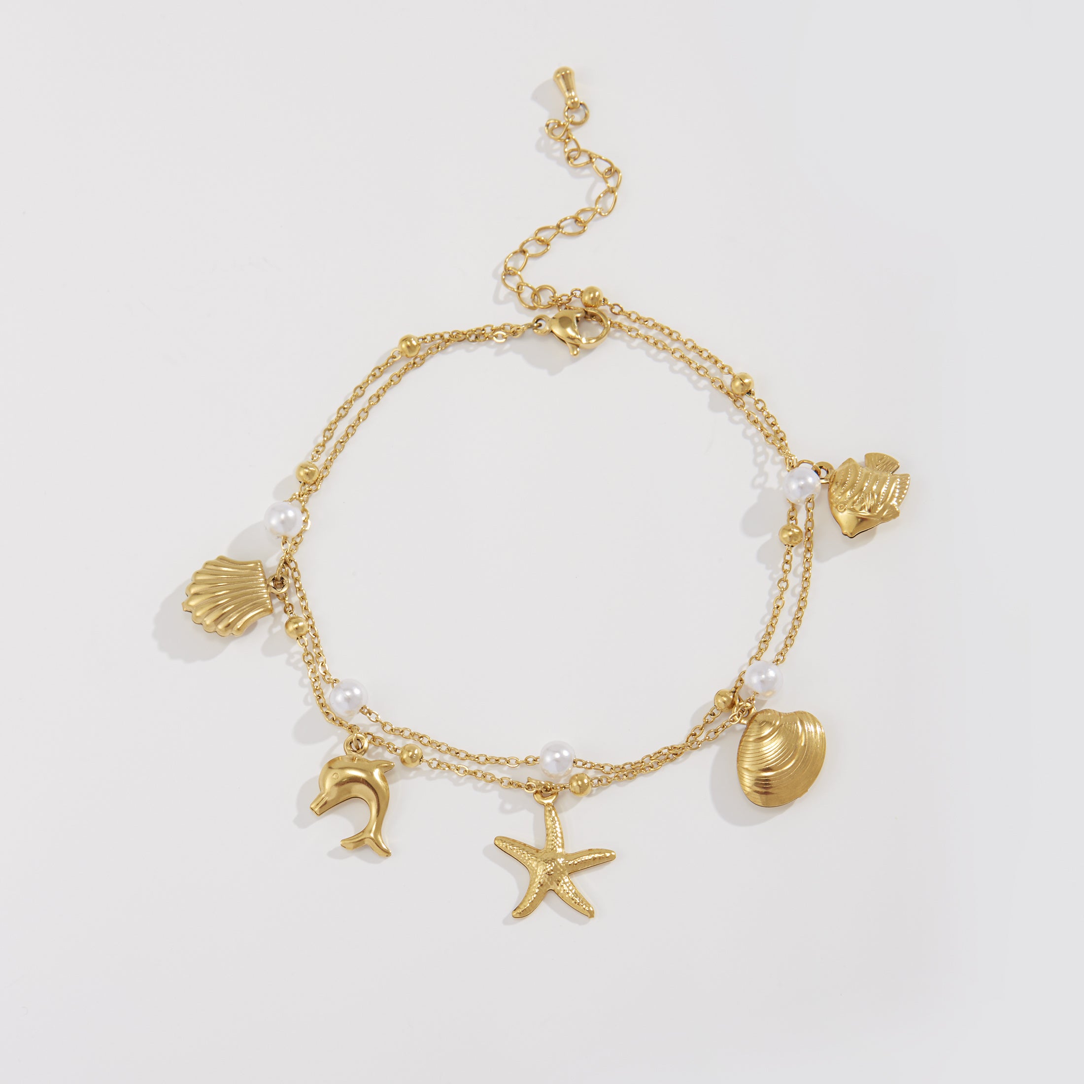 Gold-Tone Layered Anklet with Marine Charms and Pearls