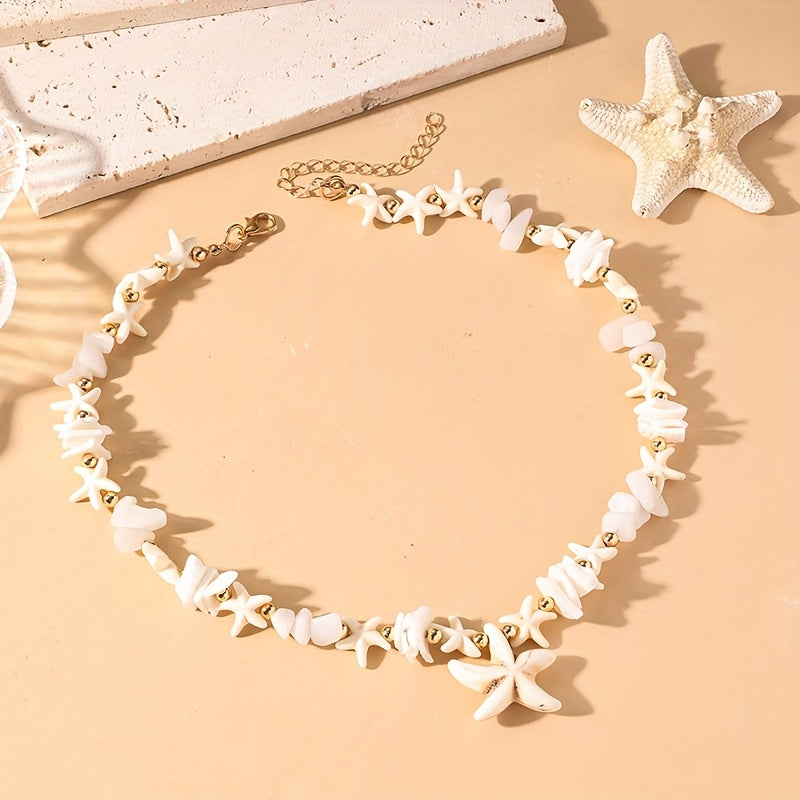 Beachy White Shell Starfish Necklace with Gold Beads