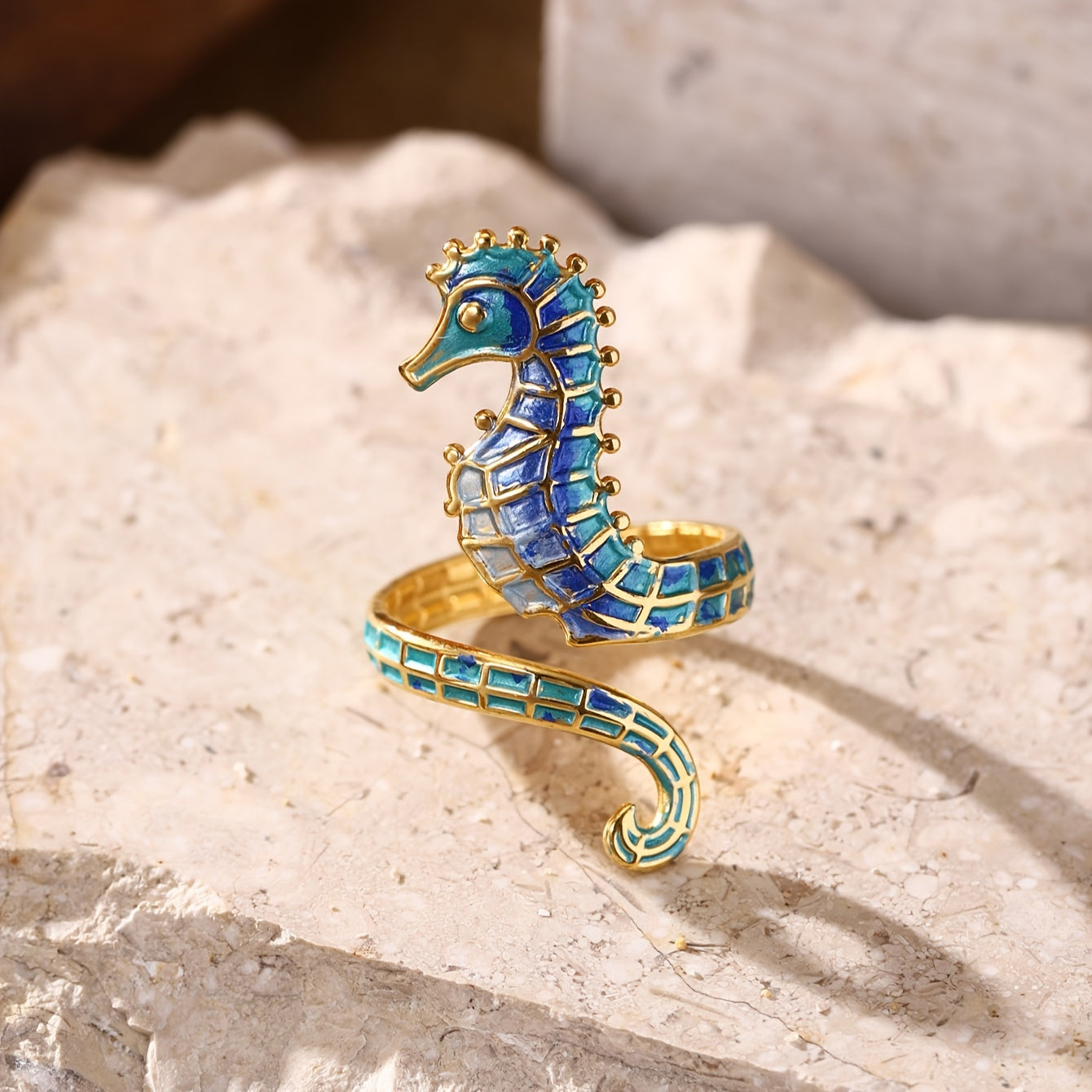 Gold-Tone Seahorse Wrap Ring with Blue Enamel