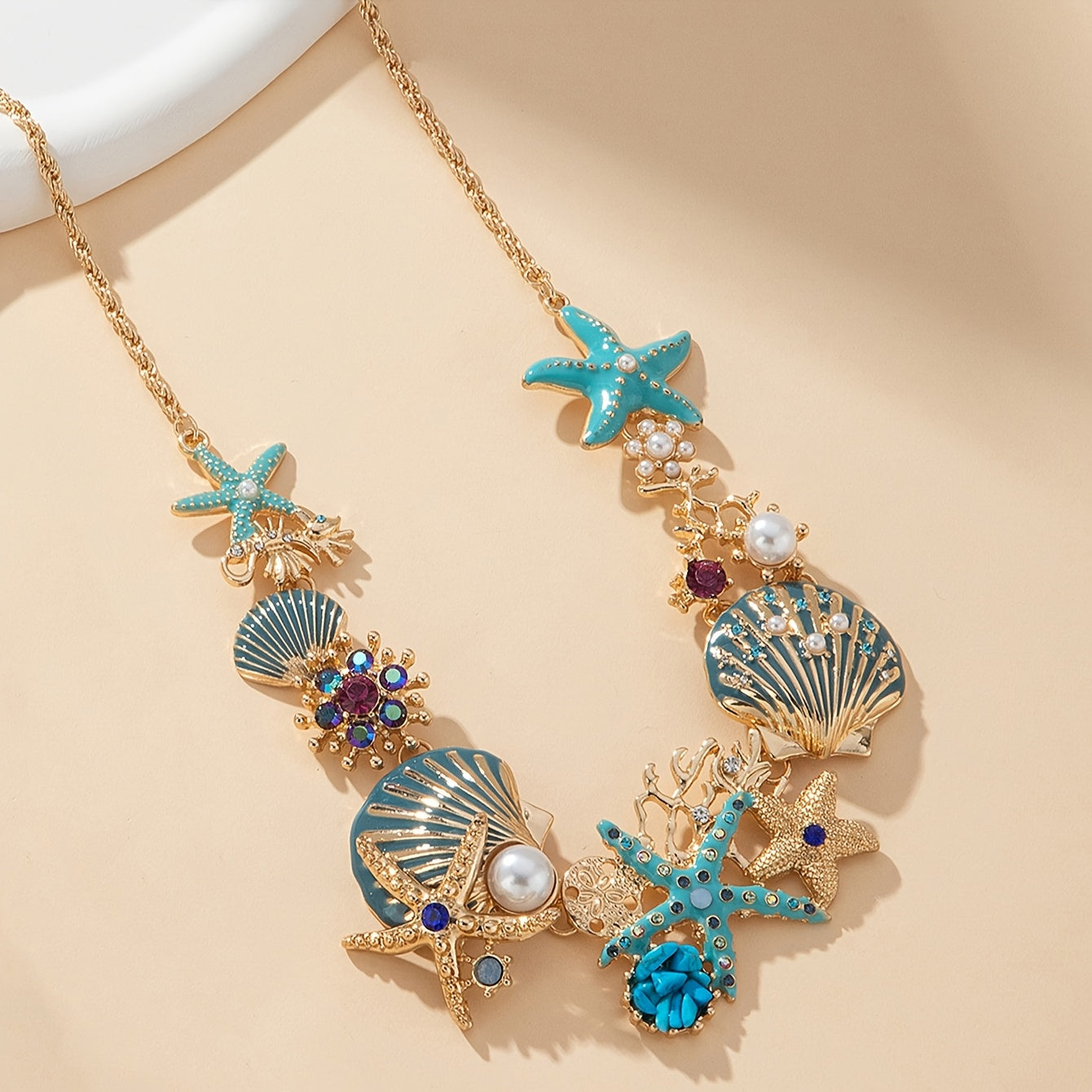 Ocean Necklace with Blue Seashell & Starfish Charms