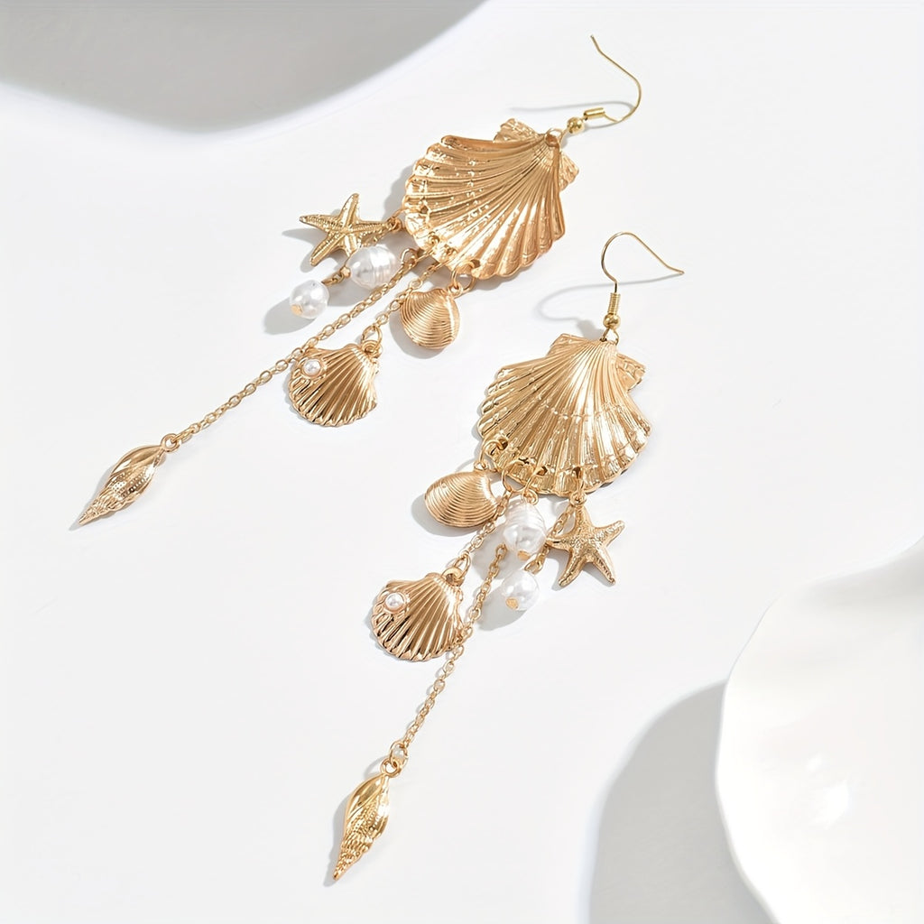 Gold-Tone Seashell & Pearl Starfish Drop Earrings