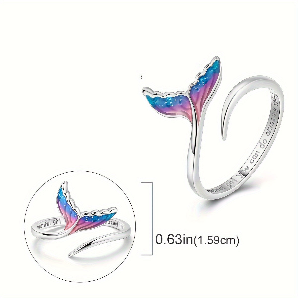 Adjustable Mermaid Tail Ring with Inspirational Message