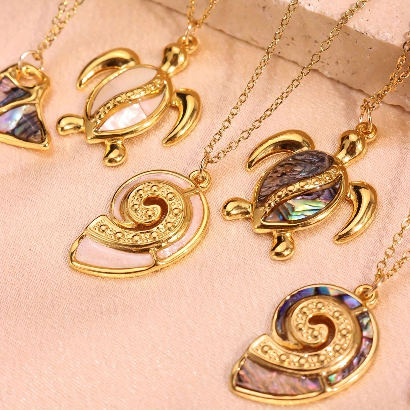 Gold Sea Life Pendant Necklaces with Shell Inlays