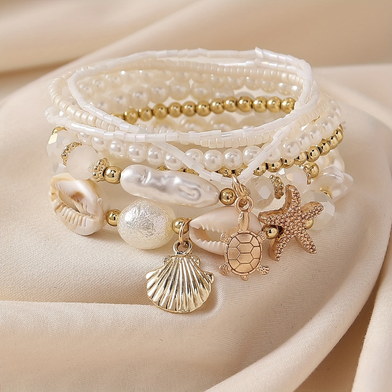 Boho White Pearl & Gold Sea Charm Stacked Bracelets