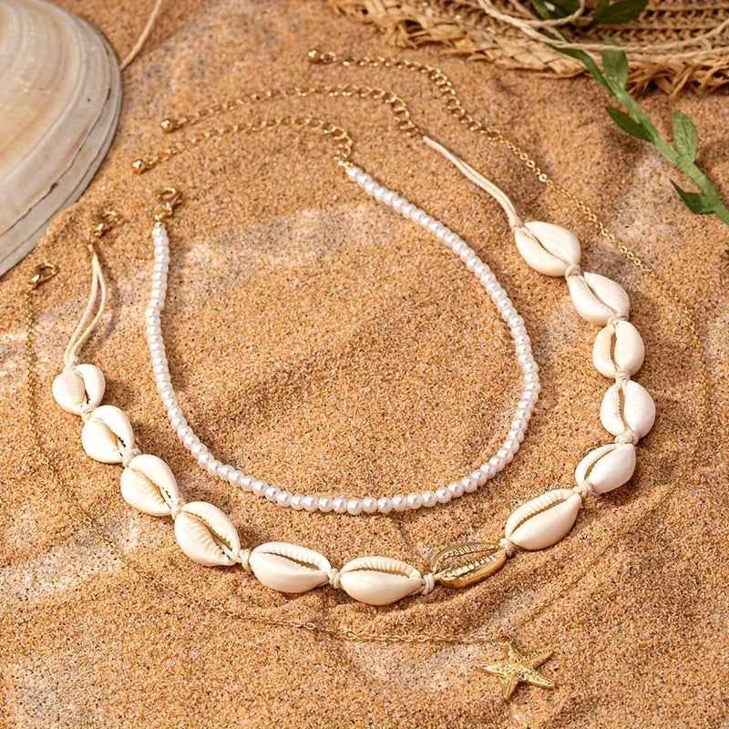 Layered Cowrie Shell and Pearl Necklace with Starfish