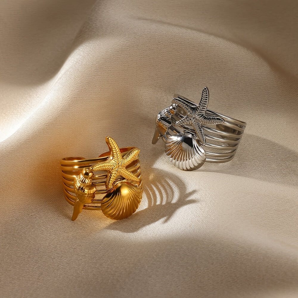 Gold-Tone Wide Band Seashell Starfish Ring