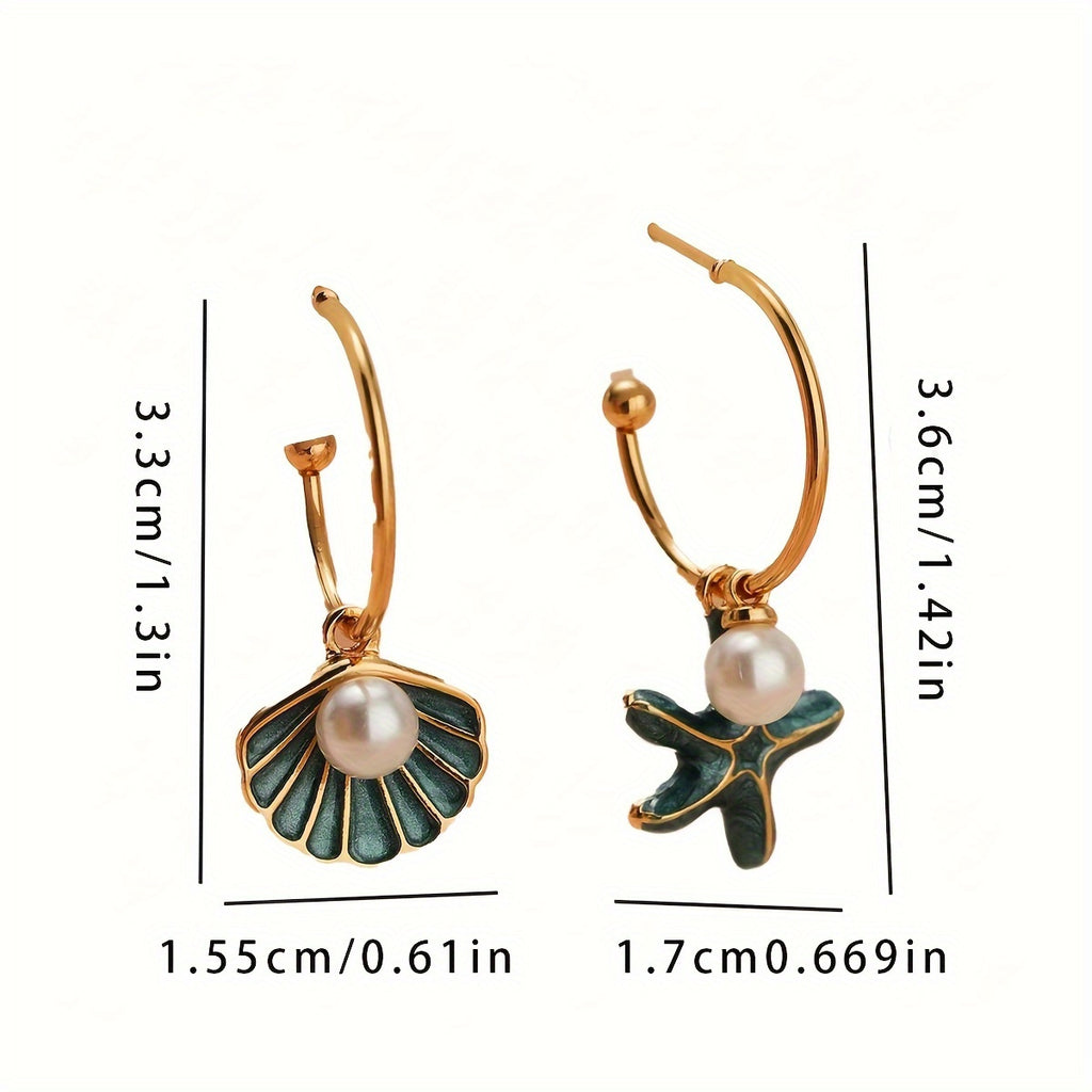Asymmetrical Shell Starfish Hoop Earrings with Pearls