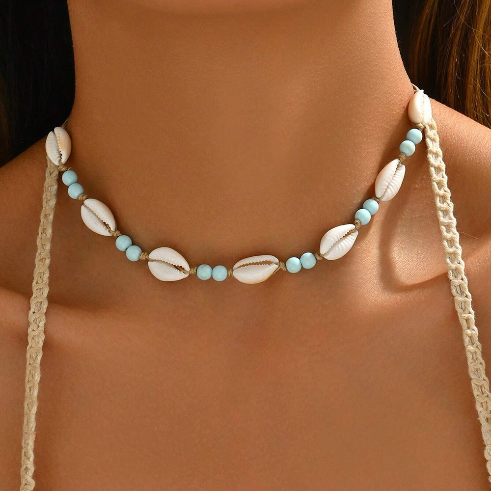 Beachy Cowrie Shell Choker with Blue Beads