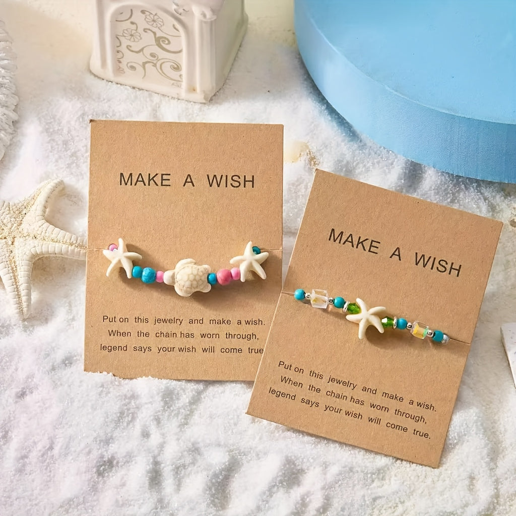 Adjustable Blue Cord Beach Bracelet with Starfish & Turtle